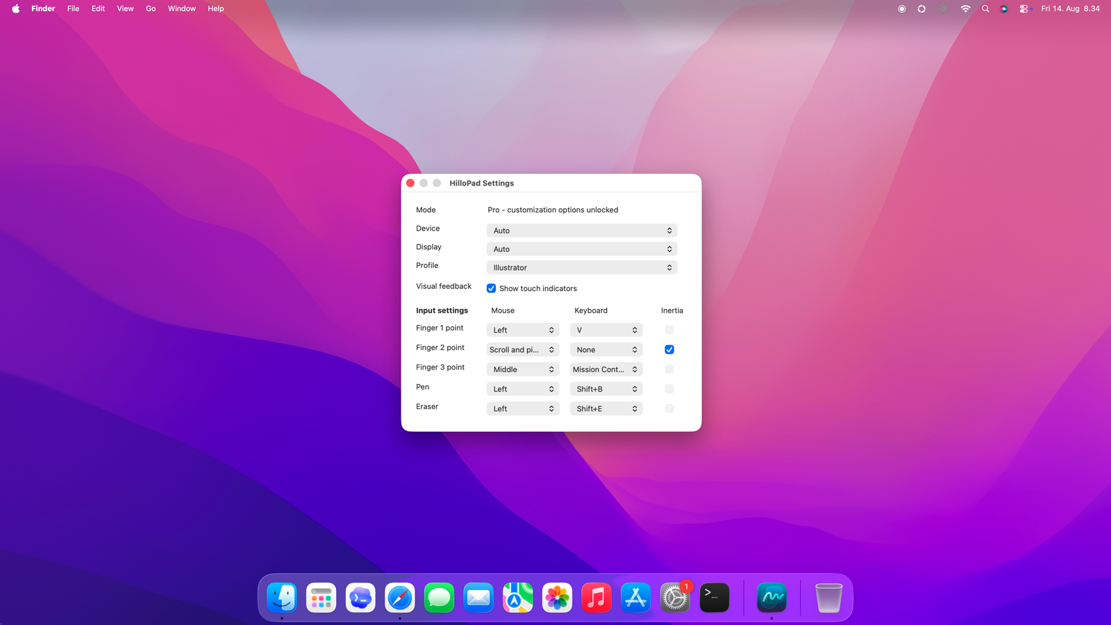 HilloPad settings screen
